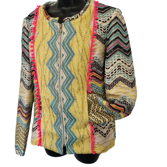 Molly Bracken Boho Aztec Print with Pom Poms Jacket Size Medium - Picture 10 of 16